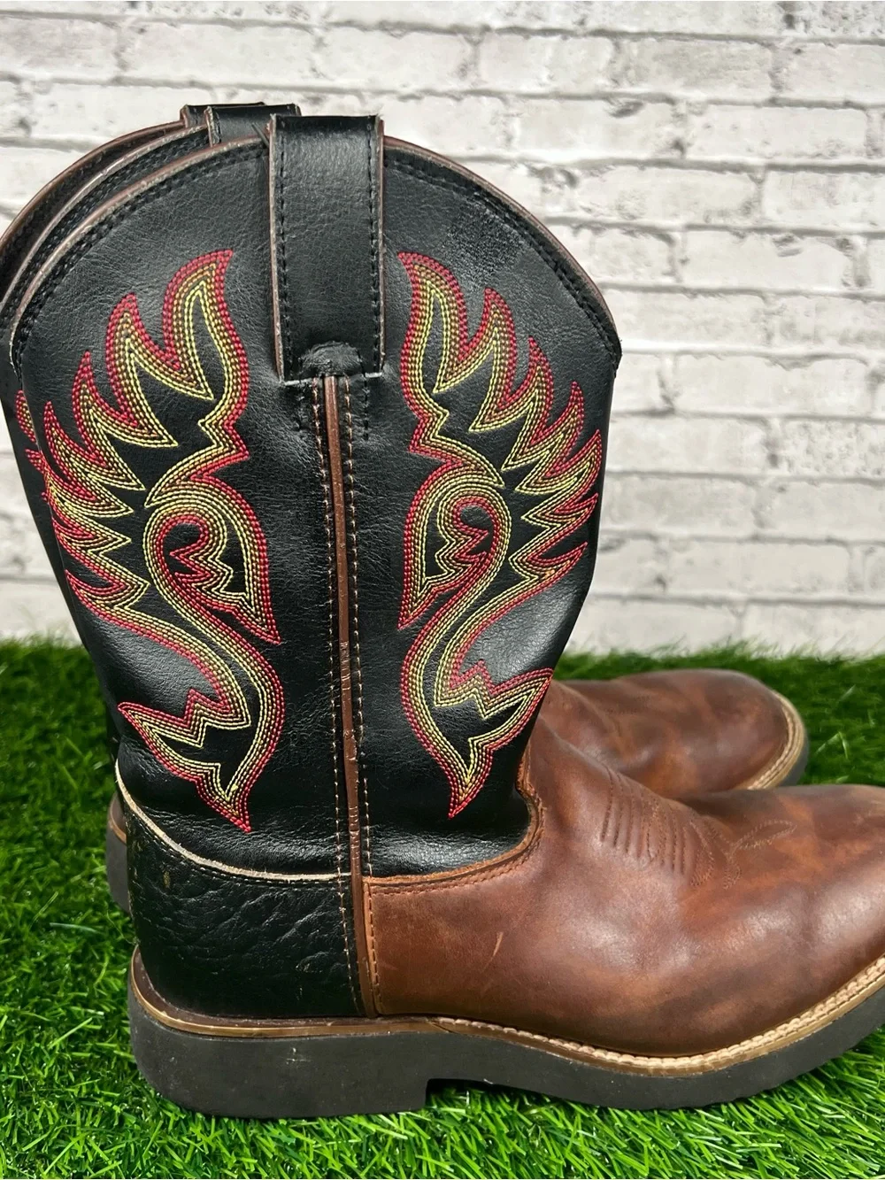 Justin Boots Brown and Black Kids Western Boots with Red & Yellow Stitching